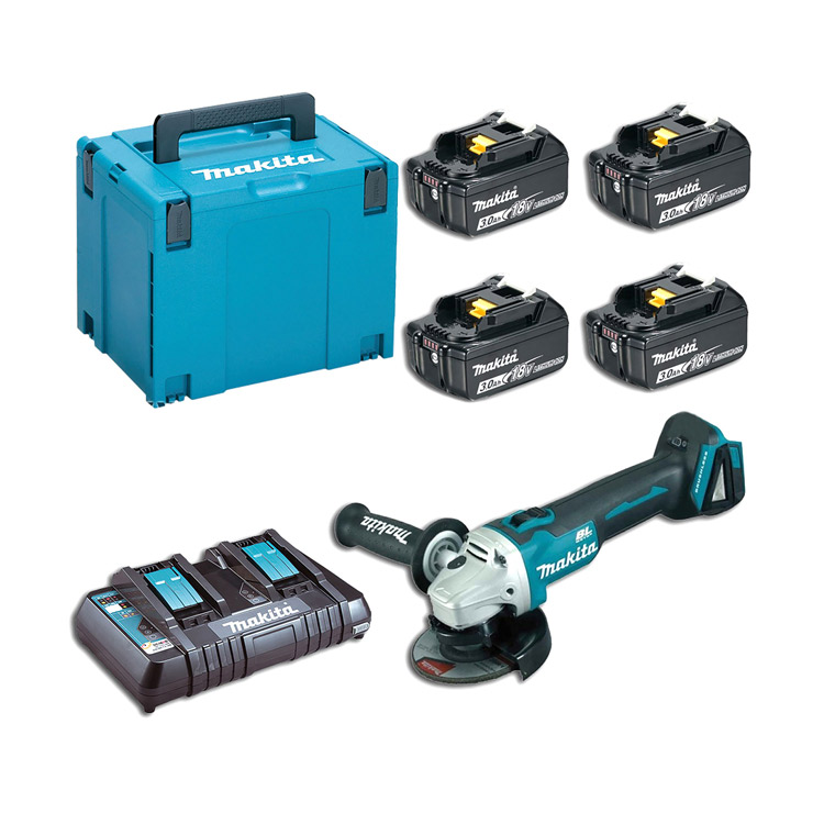 Акумулаторен комплект - ъглошлайф DGA504Z, 4 бр акум. батерии BL1830, зарядно устройство DC18RD